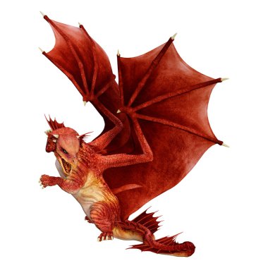 Beyaz arka planda izole edilmiş bir fantezi ejderhanın 3 boyutlu canlandırması