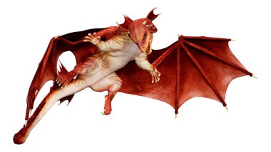 Beyaz arka planda izole edilmiş bir fantezi ejderhanın 3 boyutlu canlandırması