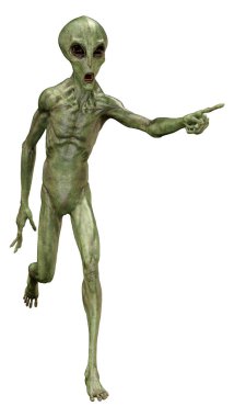 Beyaz arka planda izole edilmiş yeşil bir uzaylının 3 boyutlu görüntüsü