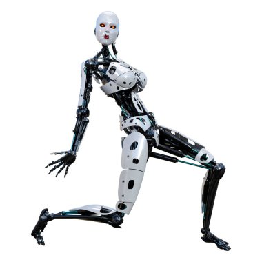 Beyaz arka planda izole edilmiş bir kadın robotun 3 boyutlu canlandırması
