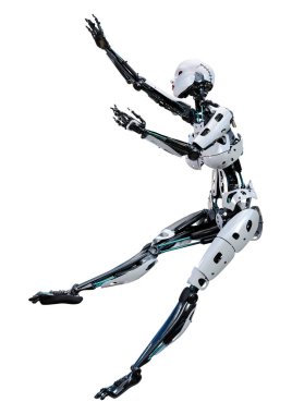 Beyaz arka planda izole edilmiş bir kadın robotun 3 boyutlu canlandırması