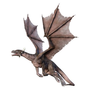 Beyaz arka planda izole edilmiş bir fantezi ejderhanın 3 boyutlu canlandırması