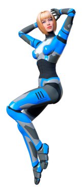 Beyaz arka planda izole edilmiş bir kadın robotun 3 boyutlu canlandırması