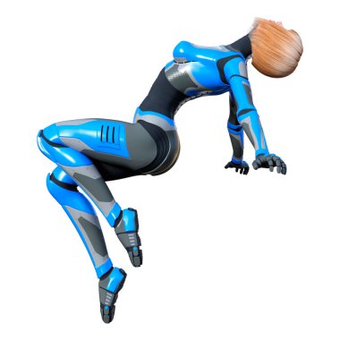 Beyaz arka planda izole edilmiş bir kadın robotun 3 boyutlu canlandırması