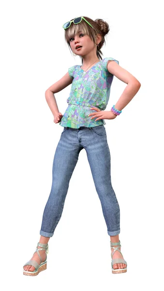 Απόδοση Ενός Χαριτωμένο Κοριτσάκι Φορώντας Ένα Μοντέρνο Καλοκαιρινό Βλέμμα Απομονώνονται — Φωτογραφία Αρχείου