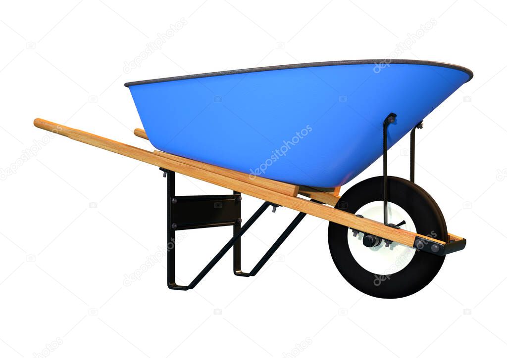 3D rendering of a blue wheelbarrow isolated on white background