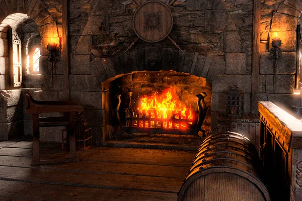 3D rendering of a medieval bedroom interior with a fireplace