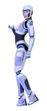 Beyaz arka planda izole edilmiş bir kadın robotun 3 boyutlu canlandırması