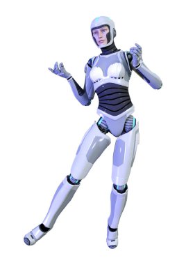 Beyaz arka planda izole edilmiş bir kadın robotun 3 boyutlu canlandırması