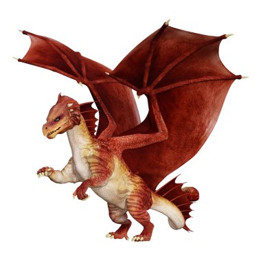 Beyaz arka planda izole edilmiş bir fantezi ejderhanın 3 boyutlu canlandırması