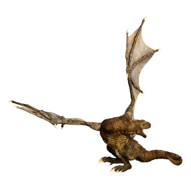 Beyaz arka planda izole edilmiş bir fantezi ejderhanın 3 boyutlu canlandırması