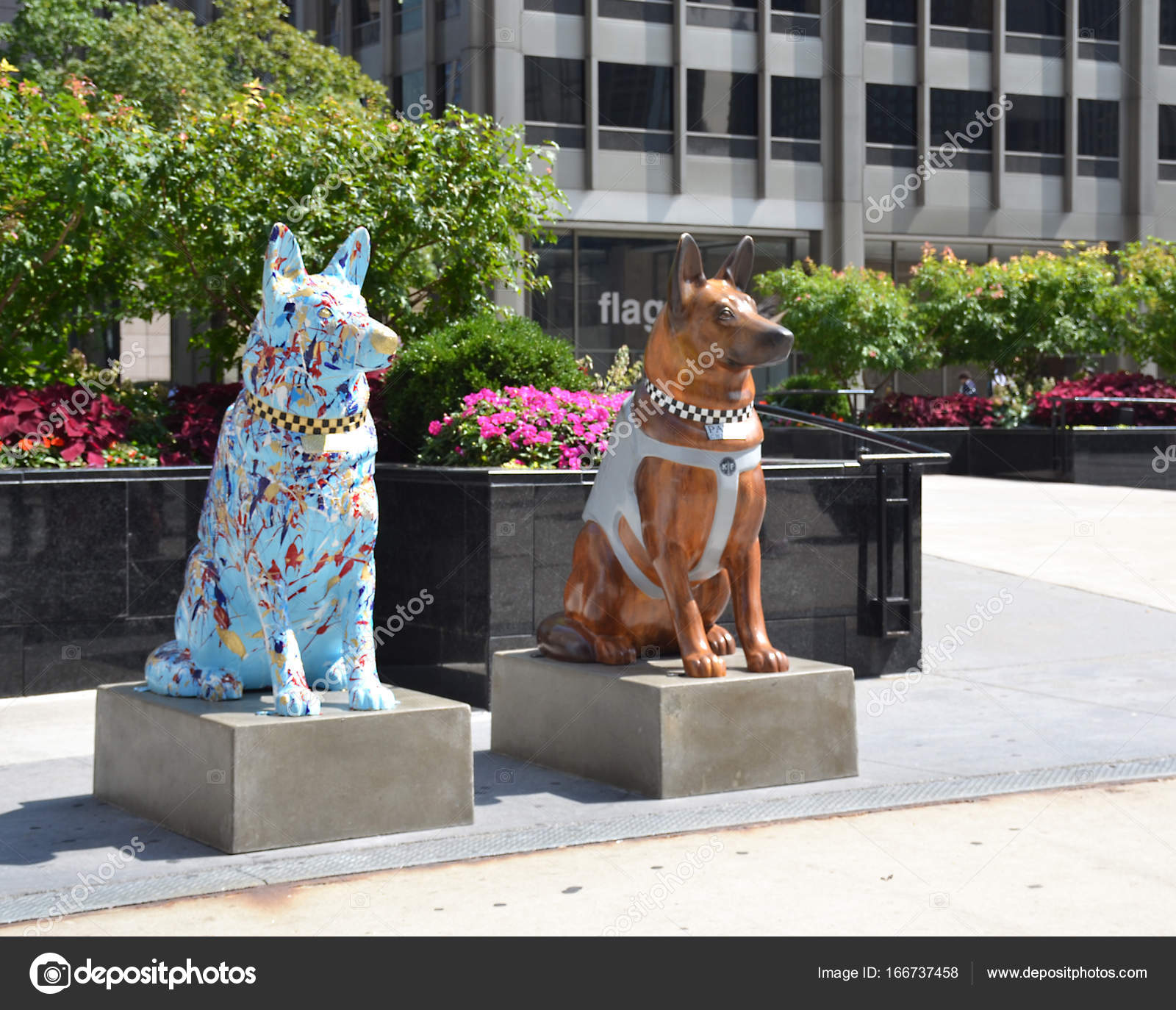 Chicago, Illinois August 29, 2017: Dog statues honoring fallen