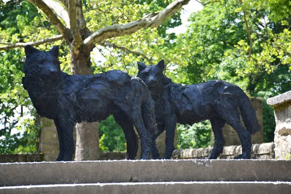 Statue Lupi Vicino Alla Chiesa Neuchatel Svizzera — Foto Stock