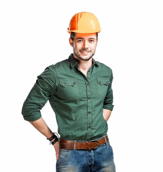 Jóvenes trabajadores de la construcción con sombreros duros —  Fotos de Stock