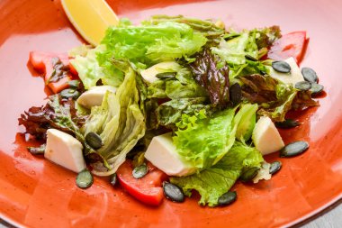 Salata domates, zeytin, mozzarella ve fesleğen ile