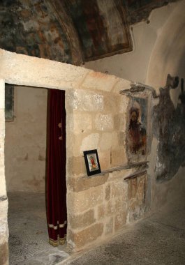 Panagia Katholiki Kilisesi. Freskolar kilisenin içinde. Afandou, Rodos, Yunanistan