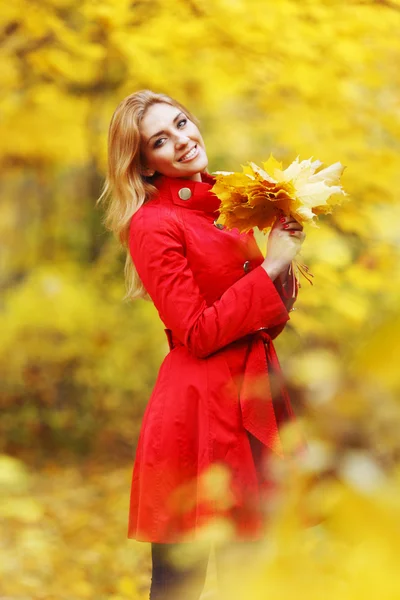 Young beautiful woman posing in autumn park with a bunch of dry leaves — Stock Photo, Image