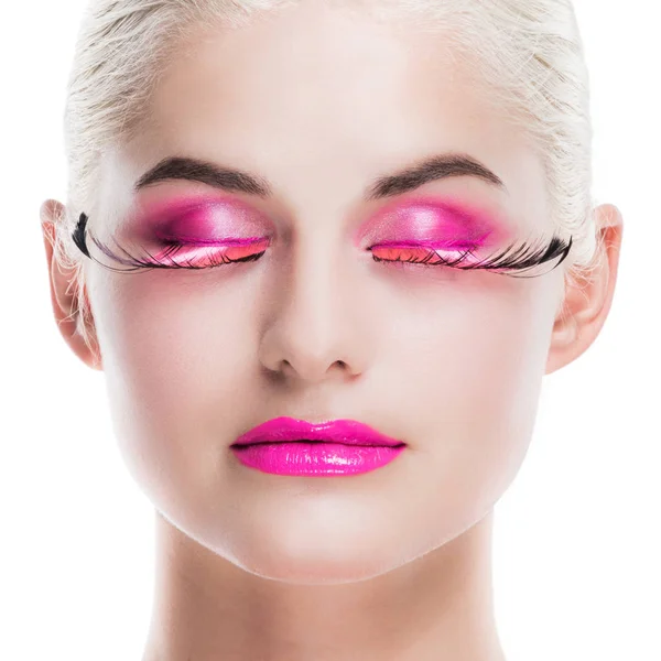 Nainen vaaleanpunainen fancy meikki — kuvapankkivalokuva