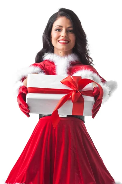 Santa claus kobieta z prezentem — Zdjęcie stockowe