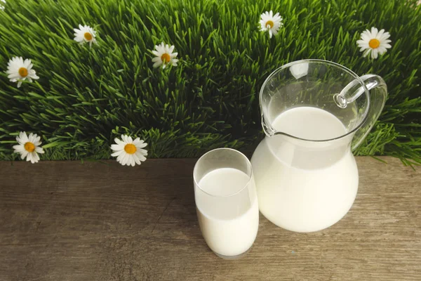 Dzbanek mleka i szkło na kwiat pole — Zdjęcie stockowe