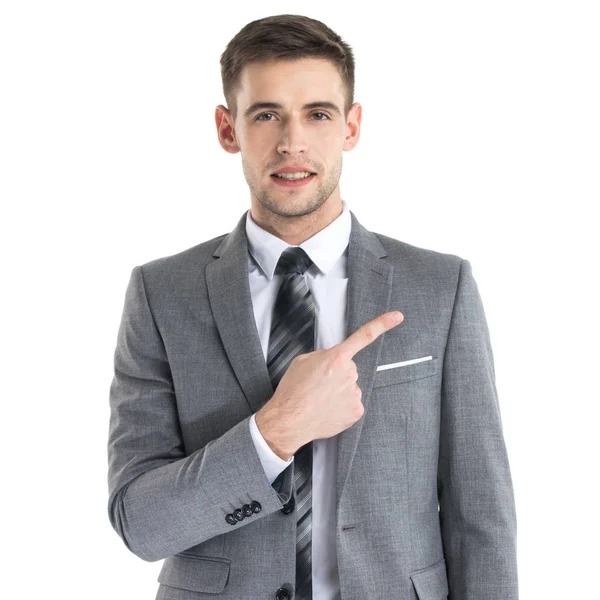 Business man in suit pointing aside — Stock Photo, Image