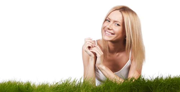Beautiful Young Blonde Smiling Woman Lying Grass Isolated White Background — Stock Photo, Image