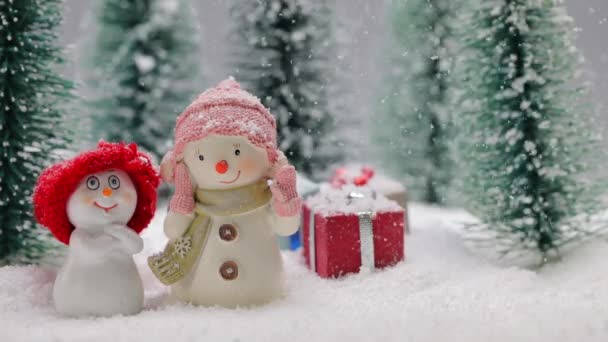 Dos Pequeños Muñecos Nieve Lindos Amigos Con Regalos Bosque Bajo — Vídeos de Stock