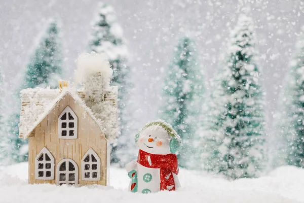 Снеговик и дом зимой — стоковое фото