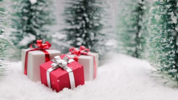 Regalos Navidad Bosque Abetos Bajo Nieve — Vídeos de Stock