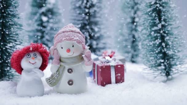 Two Small Cute Snowmen Friends Gifts Forest Falling Snow — Stock Video