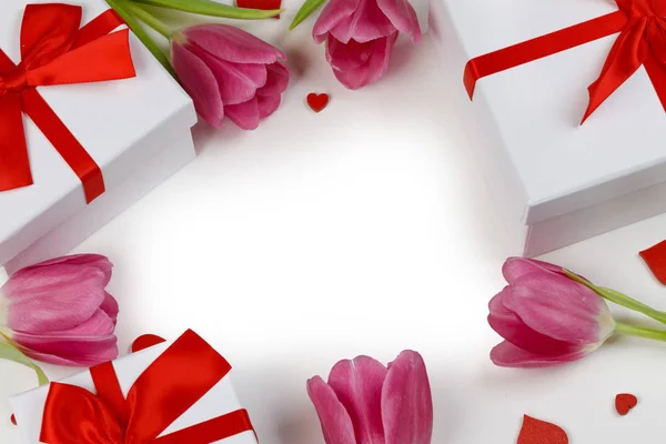 Różowe tulipany serca karty — Zdjęcie stockowe