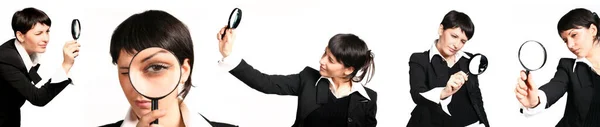 拡大鏡を持っているビジネスの女性 白い背景に隔離された写真のセット — ストック写真
