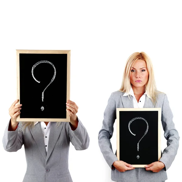 Young Business Woman Suit Hold Question Sign Blackboard Hands — Stock Photo, Image