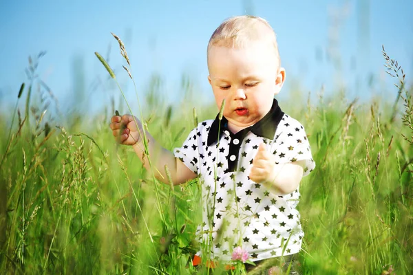 かわいい赤ちゃん男の子歩くで草の田舎の牧草地 — ストック写真