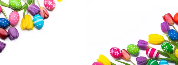 Hand Painted Easter Eggs Tulips Isolated White Background Frame Copy — Stock Photo, Image