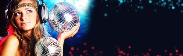 Disco Girl Enjoys Music Head Phones Holding Mirror Disco Ball — Stock Photo, Image