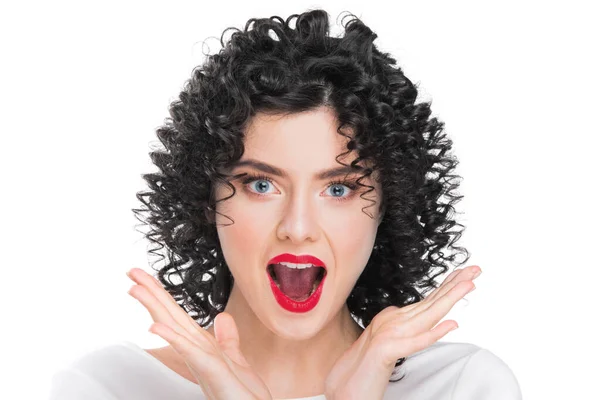 Portrait Beautiful Curly Hair Brunette Girl Isolated White Background Surprised — Stock Photo, Image