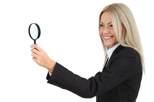 Business Woman Search Magnifier Izolowane Białym Tle — Zdjęcie stockowe