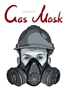 Gaz maskeli insan yüzü ve sert şapka vektör çizimi