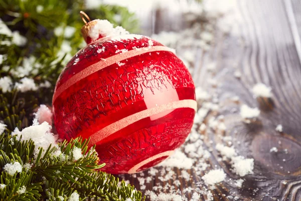Červená vánoční koule s větvemi jedlí — Stock fotografie