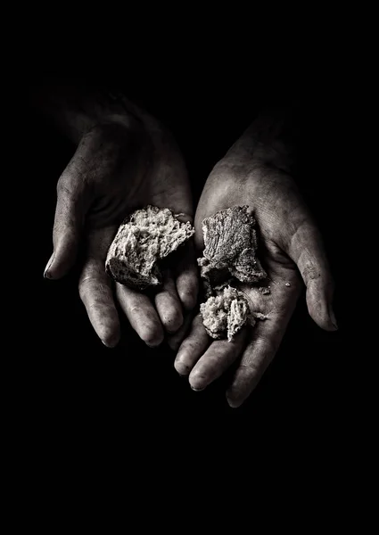 Mãos de mendigo segurando rusks — Fotografia de Stock