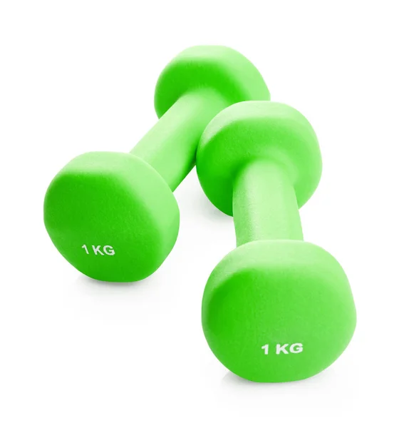 Green dumbbells isolated on white background — Stock Photo, Image