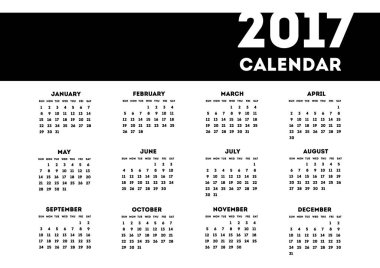 Bir sayfa takvim 2017 minimalizm tarzı. Hafta Pazar başlar. Vektör çizim