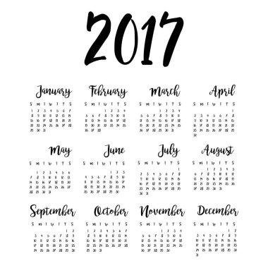 Minimalizm tarzı kaligrafi ay yazılmış el ile bir sayfa takvim 2017 tasarım. Hafta Pazar başlar. Vektör çizim