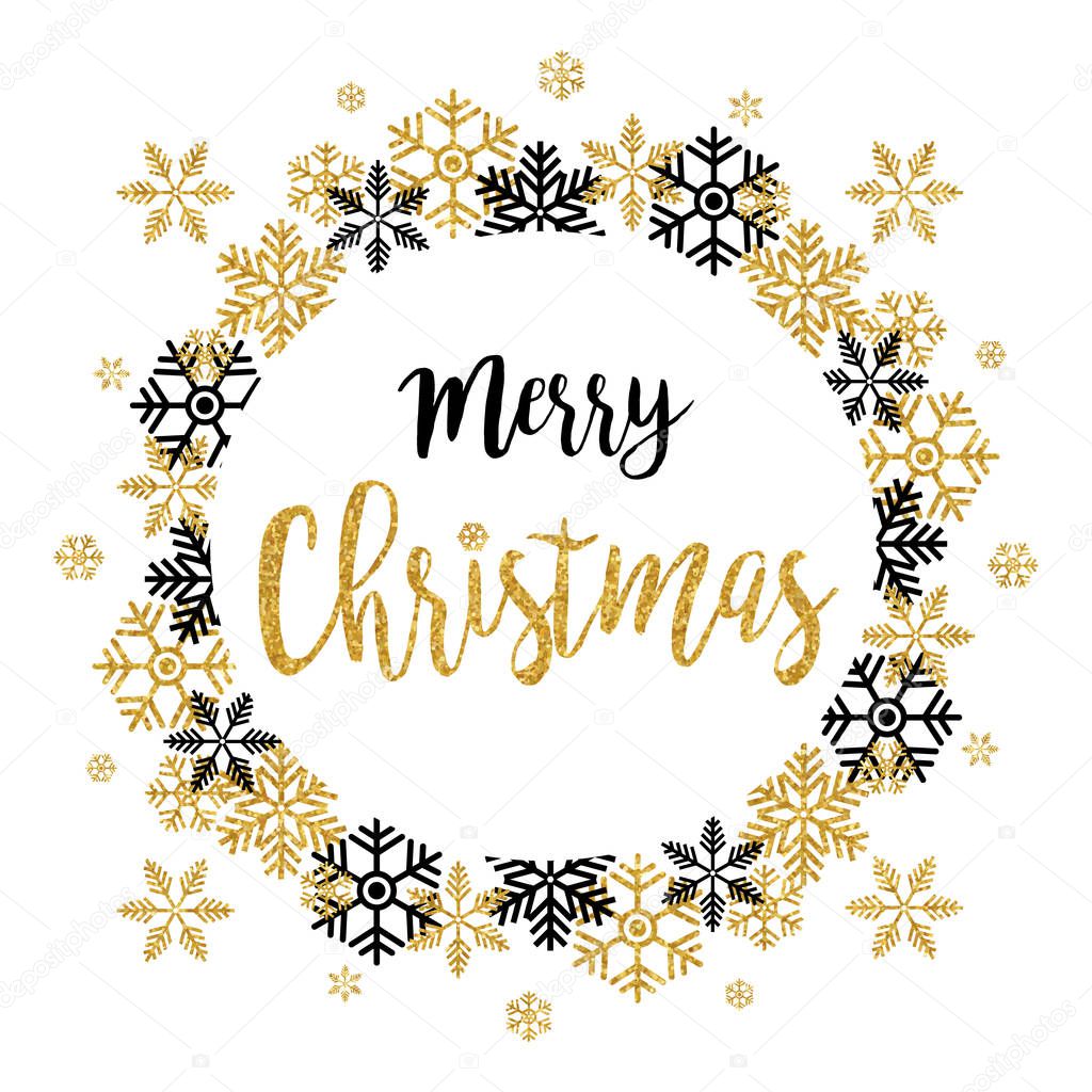 Merry Christmas 2017 greeting illustration with hand written calligraphic text and  trendy gold glitter letter and snowflakes. Vector illustration