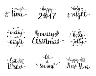 Noel ve yeni yıl hat Noel Dekor elemanları ile serin kümesi. Zaman, mutlu 2017, sihirli kutsal gece, neşeli ve parlak, neşeli Noel, holly neşeli, en iyi dilek, bırak kar. Vektör çizim
