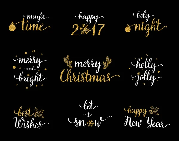 Cool uppsättning jul och nyår kalligrafi med jul inredning element. Magiska tid, glad 2017, helig natt, glada och ljusa, god jul, holly jolly, lyckönskningar, låt det snö. Vektorillustration — Stock vektor