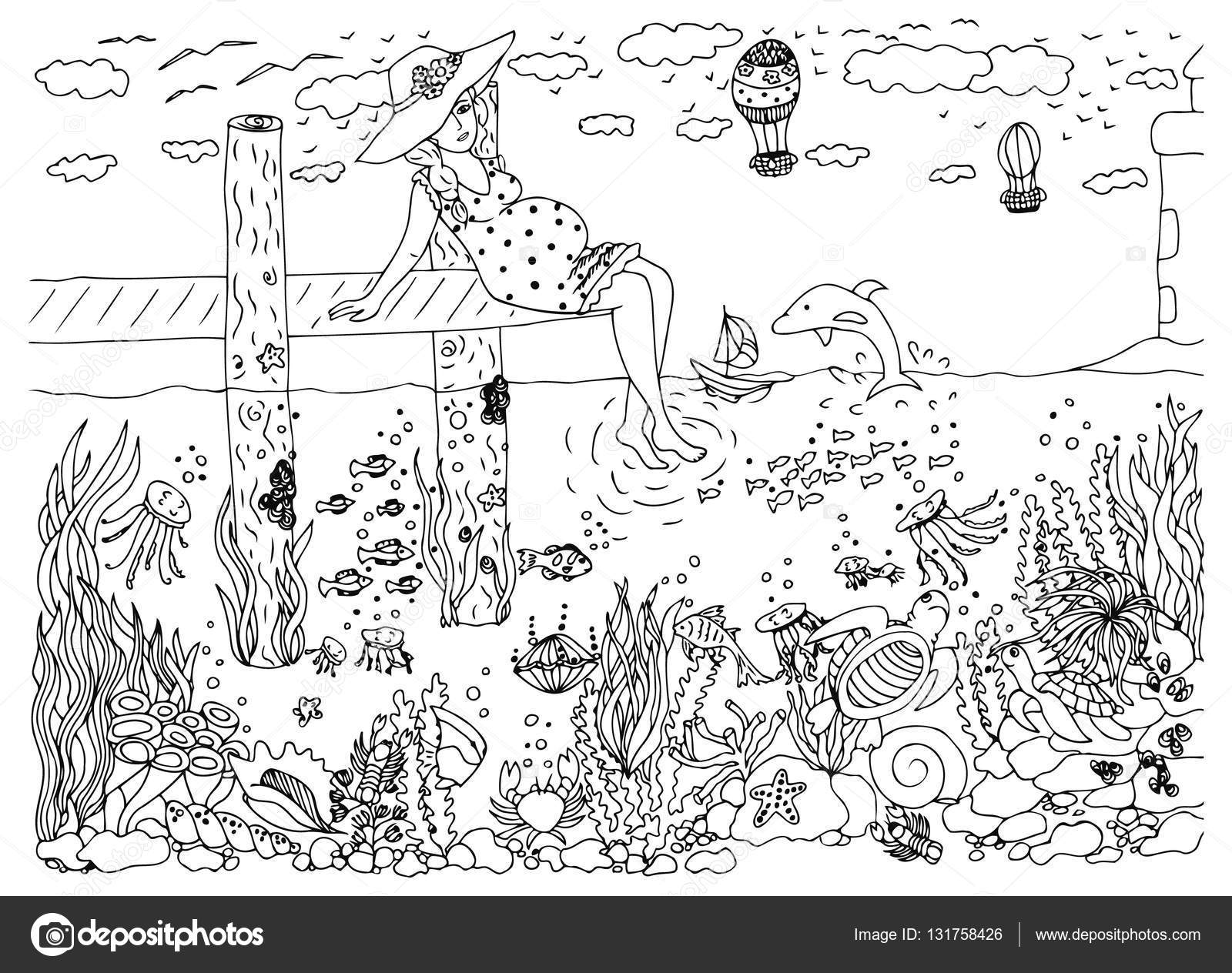 Donna incinta zentangle di illustrazione vettoriale e il mare Mondo subacqueo disegno di Doodle Pier Faro vacanza di delfino Libro da colorare