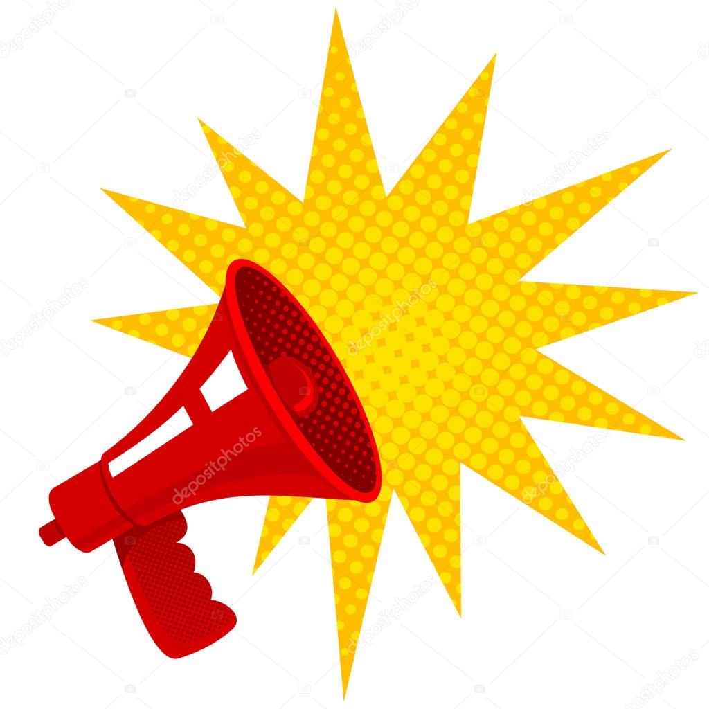 Vector vintage poster with red retro megaphone. Retro megaphone.