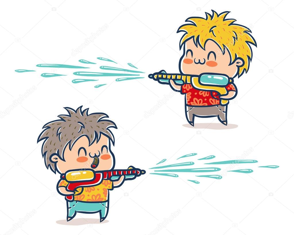 Vector illustration of kids with water guns for Songkran festival in Thailand. Songkran water festival in Thailand.